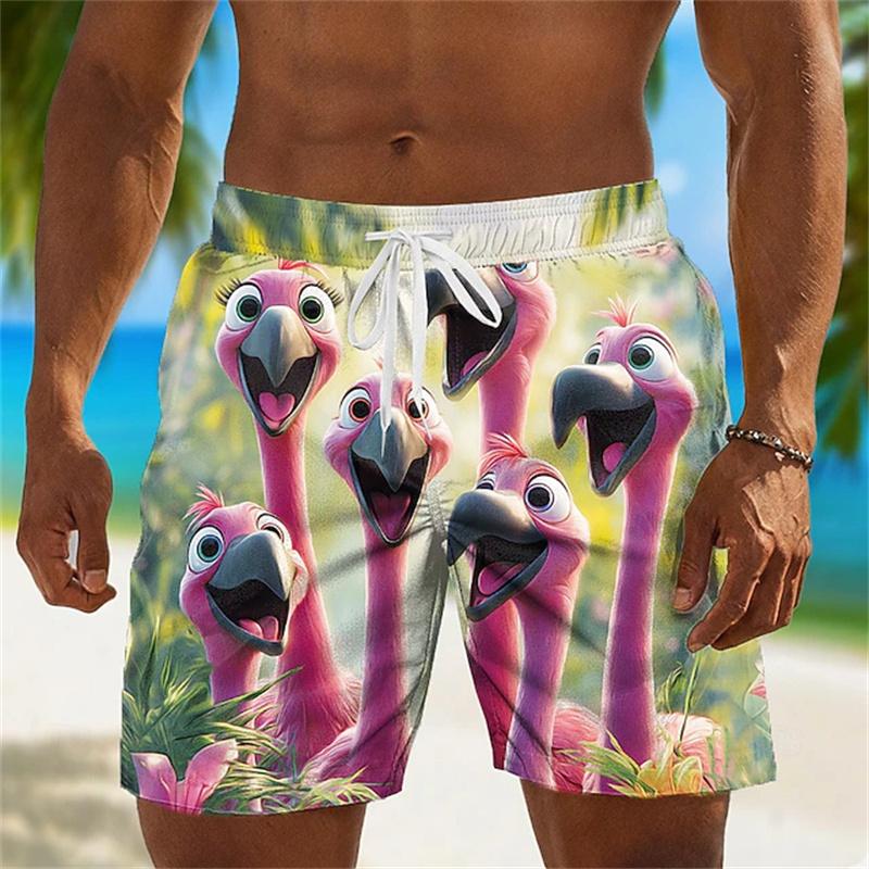 Men Quick‑Dry Board Shorts Funny Cartoon Jungle Animal Print Tropical Floral Pattern Elastic Waist Summer Beach Swim Trunks