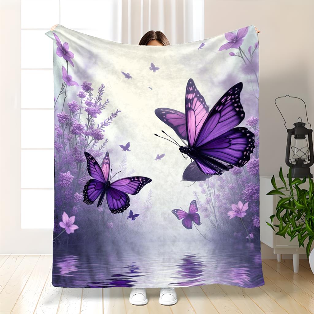 Floral Butterfly Blanket Purple Nature Scene Soft Fleece Throw Cozy Home Decor For Spring Season Relaxation Gift For Her