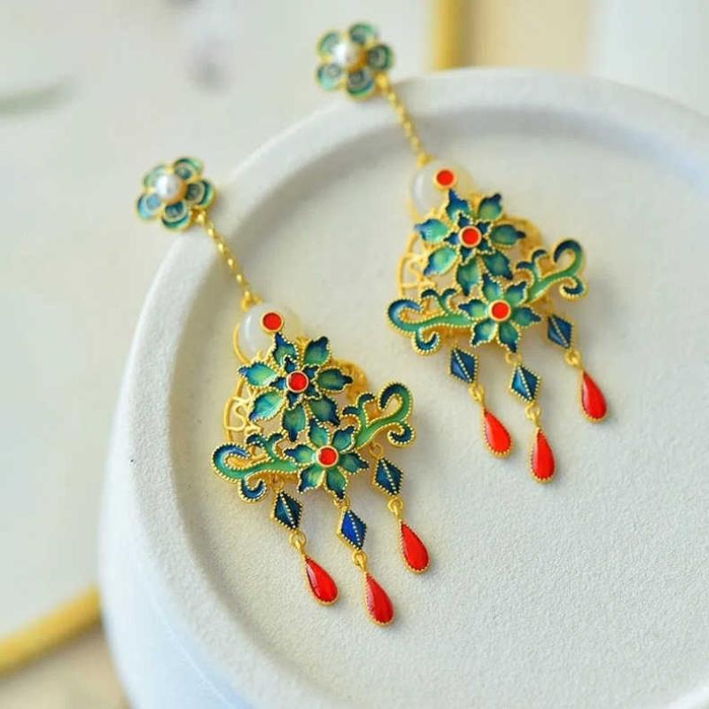 

Natural An Jade Flower Enamel Tassel Earrings For Women Exquisite Retro Style Classical Cheongsam Hanfu Accessories