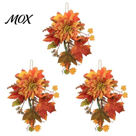 Thanksgiving Door Decor Artificial Maple Leaf Decoration, Autumn Decoration with Leaves Faux Dahlia, Exquisite Floral Rustic Hanging Ornament