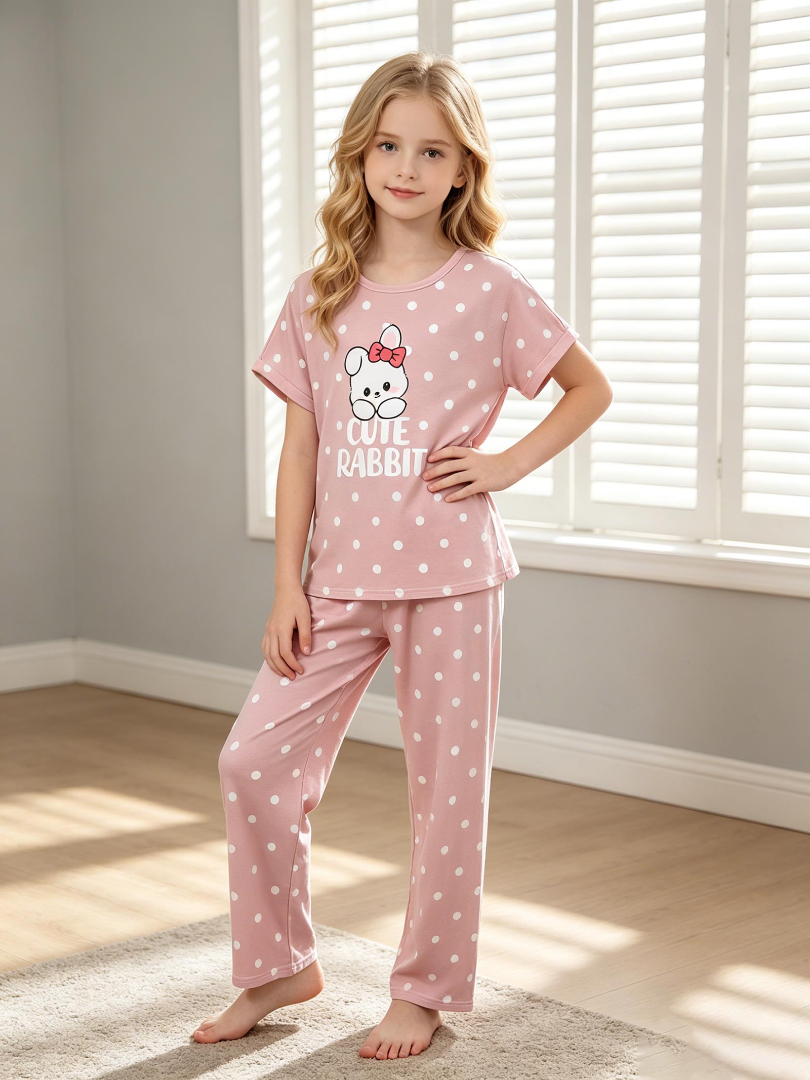 

Girls Pajama Set, Cute Rabbit & Polka Dot Short Sleeve Top & Long Pants, Soft Sleepwear for 8-12 Years 12Y рожевий