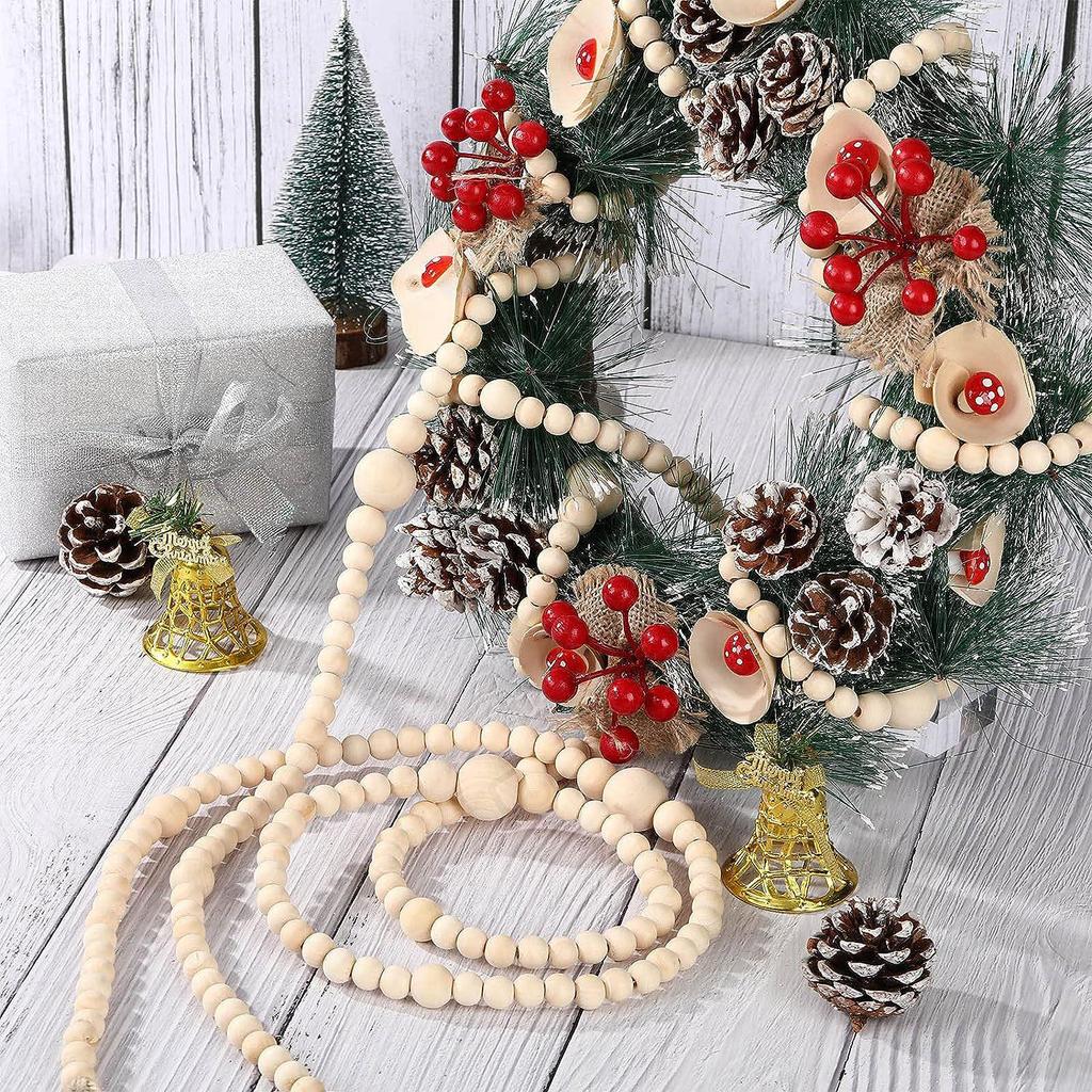 Extra Long Nordic 3.6m Wooden Bead Garland for Christmas Tree and Fireplace Decoration