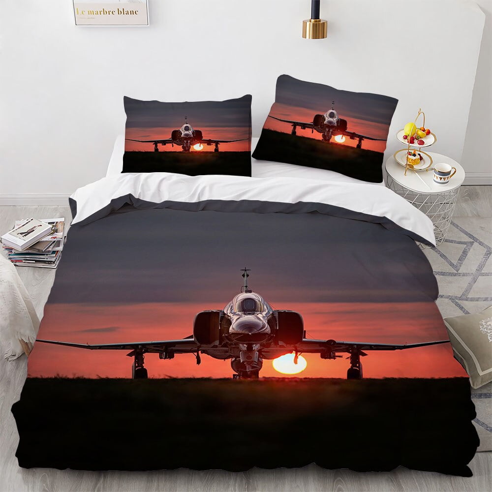 Fighter Plane Duvet Cover Military Aircraft Theme For Children Boys Men Gifts Sunset Airplane Airstrip Bedroom Decoration Warm