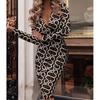 Deep V-Neck Long Sleeve Lady Dress Shirring Sequin Skinny Office Midi Dress for Daily Wear