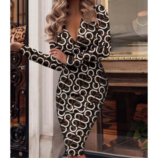 Deep V-Neck Long Sleeve Lady Dress Shirring Sequin Skinny Office Midi Dress for Daily Wear