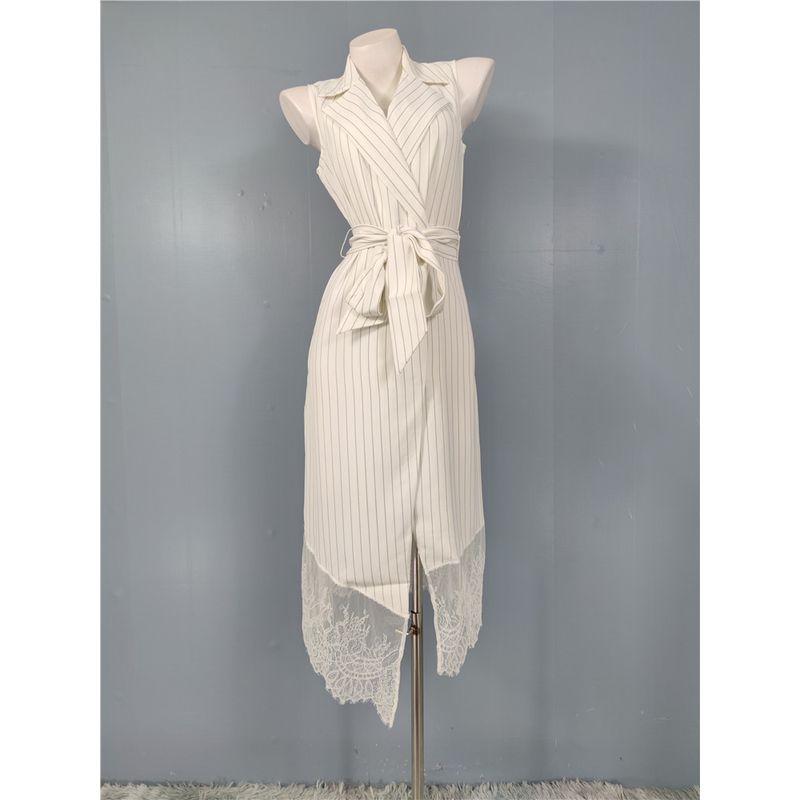 Foreign Trade Autumn New Sleeveless Versatile Personality Lapel Stripe Lace Stitching Slimming Breasted Dress With Belt