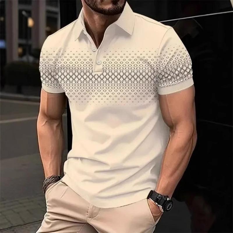 Men's Korean-Style Printed Color Block Lapel Polo Shirt Fashionable Minimalist Casual Short-Sleeve Top