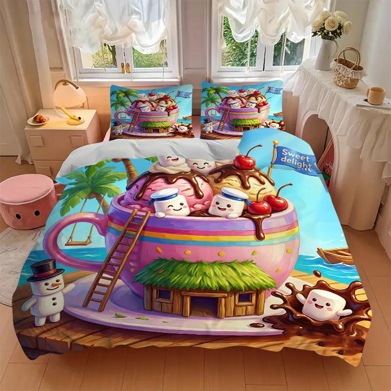 3-teiliges Anime-Cartoon-Design-Bettwäscheset - Enthält einen Bettbezug und zwei Kissenbezüge (Kein Kern) - Perfekt für Schlafzimmer- und Gästezimmer-Dekorati