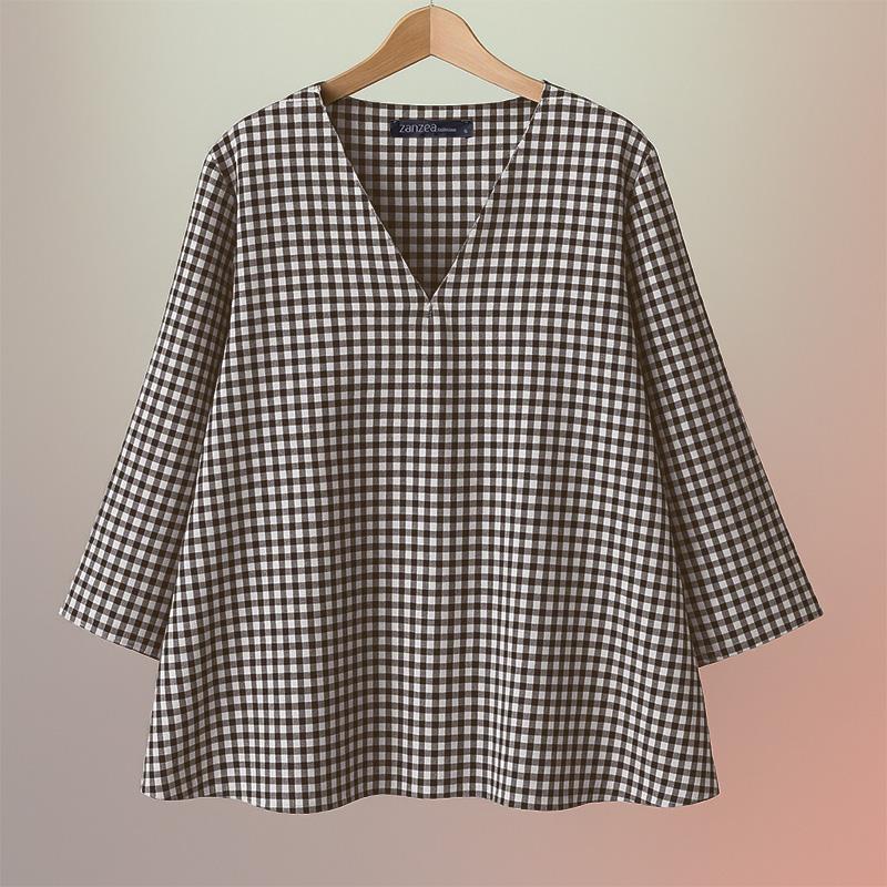 ZANZEA Bluză casual de damă cu gât în V, mâneci 3/4, croială lejeră și imprimeu carouri.