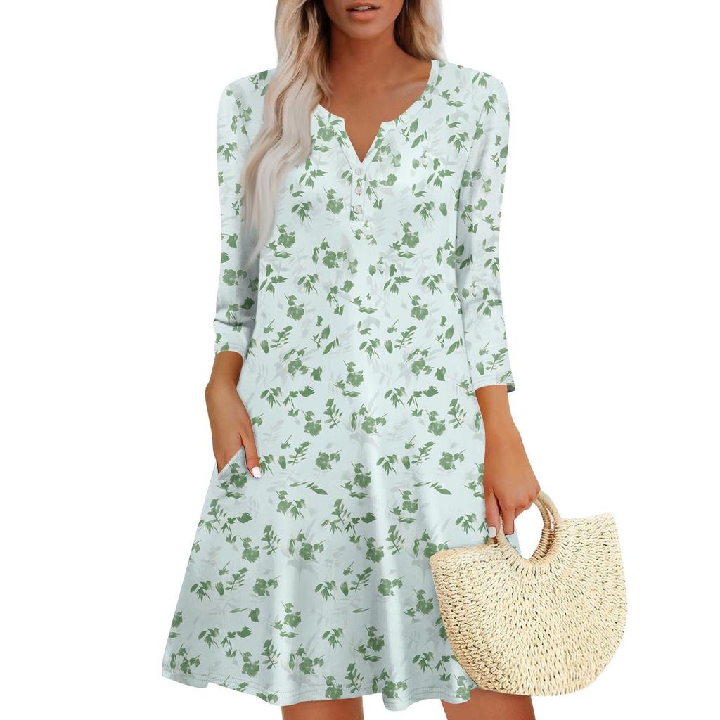 Abito Estivo da Donna Largo Scollo a V Manica a Tre Quarti Abito da Sole con Tasche Abito