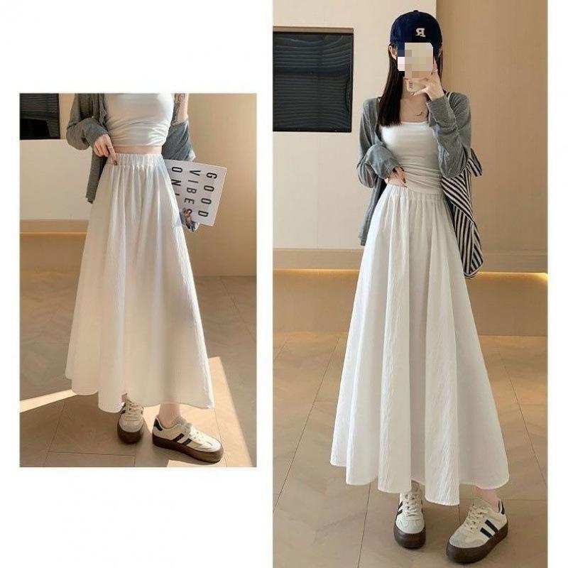 Mori Style White Midi Skirt for Women, Summer 2025, High-Waisted A-Line, Slimming, Mid-Length, Pleated, Elegant Design