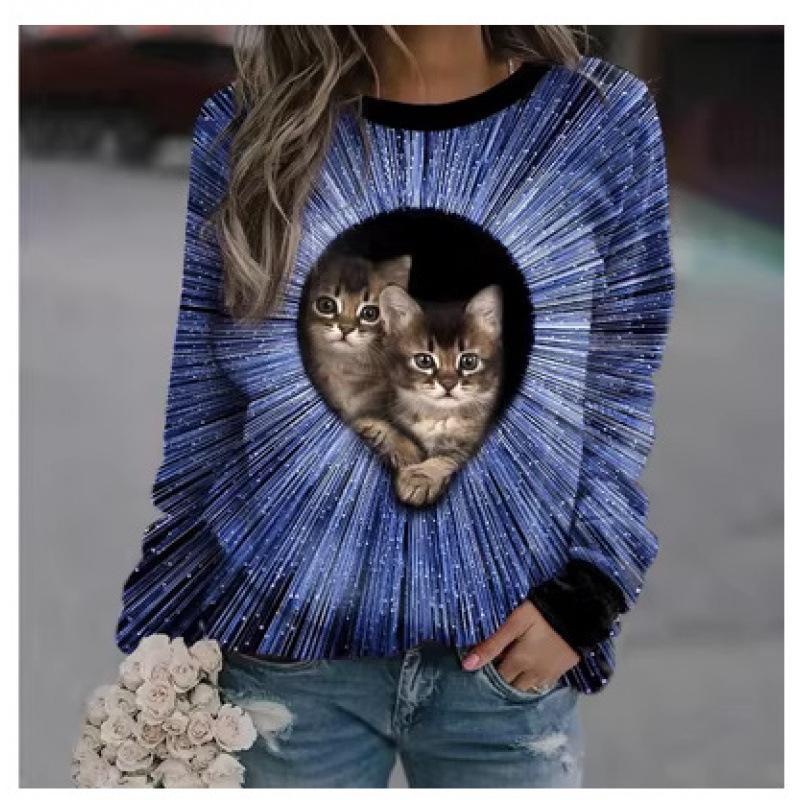 Höst 3D Katt Tryckta Sweatshirts Trendiga Casual Sport Långärmade Dam Sweatshirts