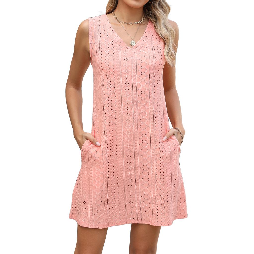 New Women's Pocket Casual Summer Solid Color V-neck Dress