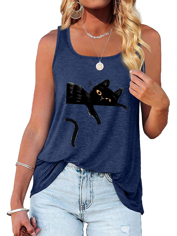 Women Fashion Cat Printed Tank Top Summer Casual Round Collar Sleeveless Shirt