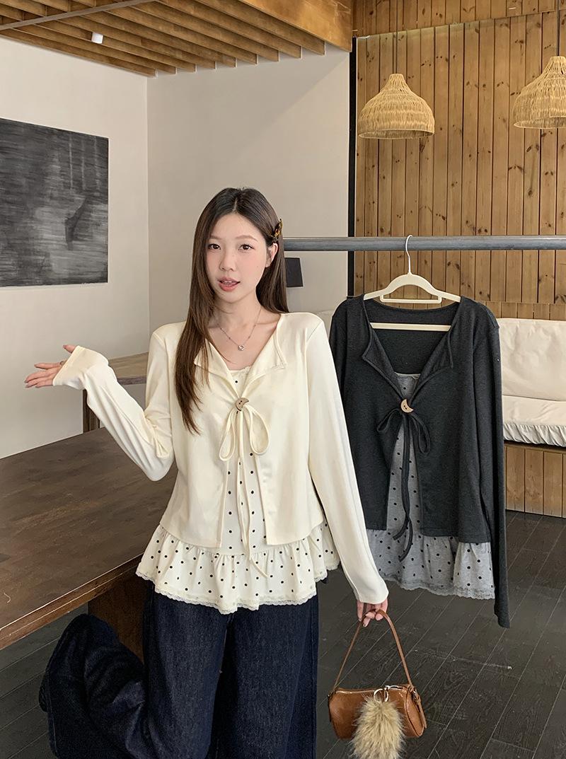 2026 Spring Lace Patchwork Polka Dot Long Sleeve Plus Size Women s Top XXXXL абрикосовый