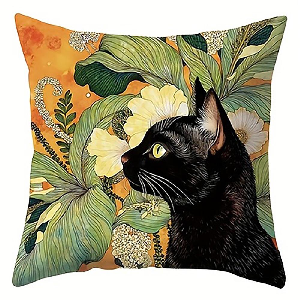 1/4pcs Black Cat & Floral Leaf Print Pillowcases Sofa cushion cover home bedroom room decoration