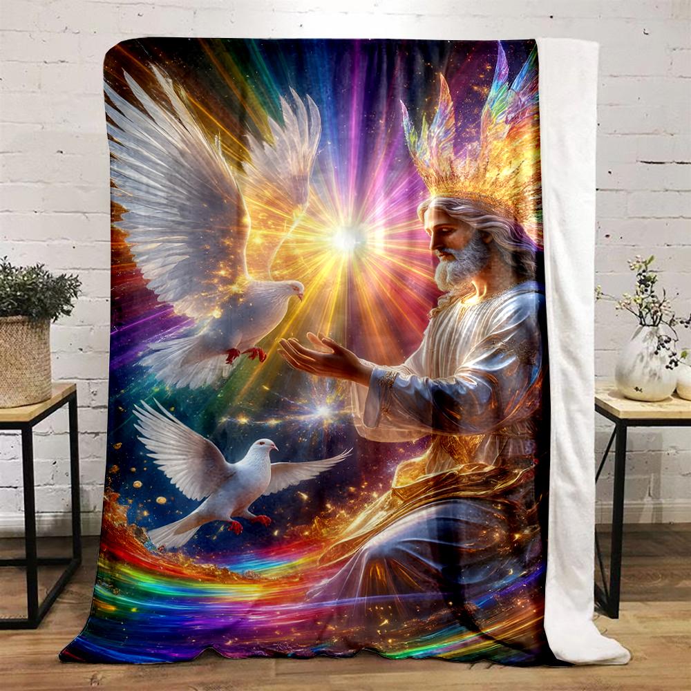 Celestial Figure with Doves and Rainbow LightFlannel blanket for bedroom, living room, sofa, and nap