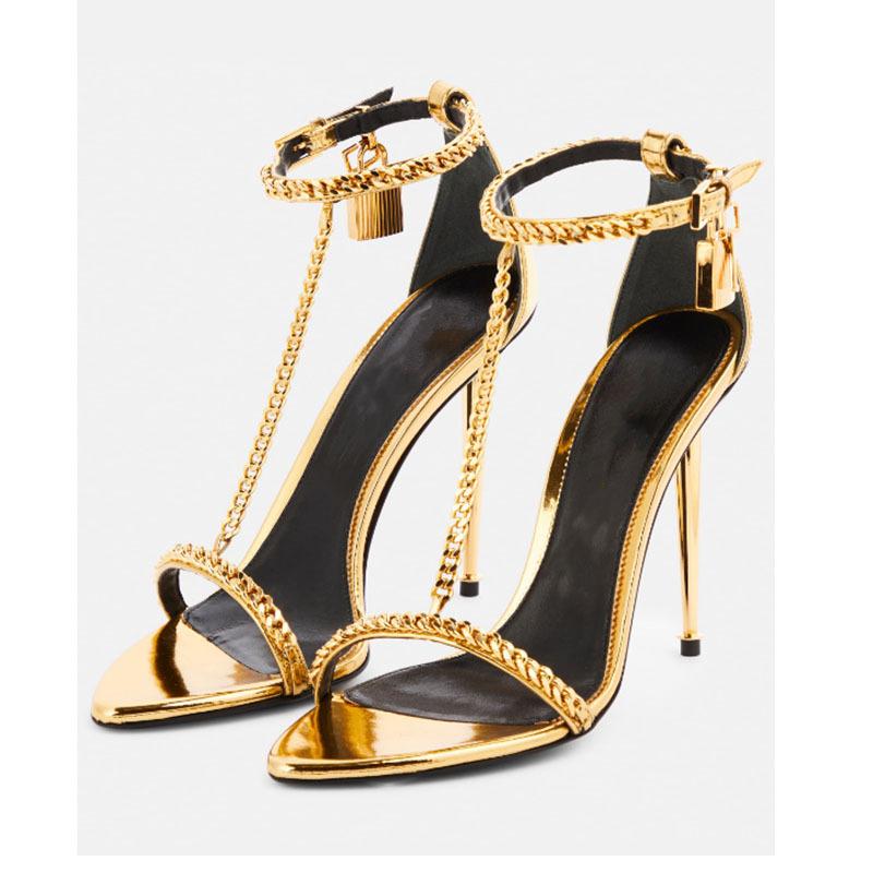 

Fashion Fashion Minimalist Gold Chain Padlock High-heel Sandals European American Sexy Slim Heel Open Toe Metal Chain Pointed High Heels 43