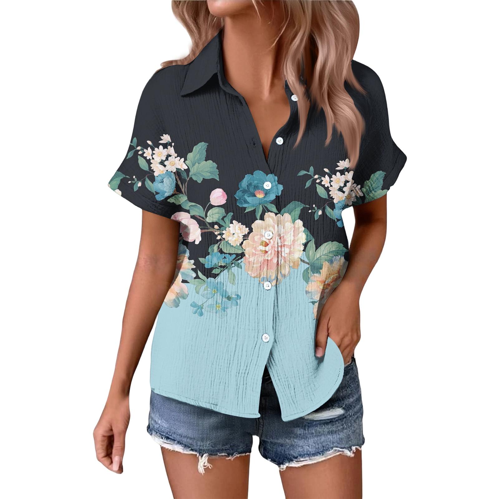 

Женская модная повседневная свободная рубашка с коротким рукавом и цветочным принтом XL зелёный