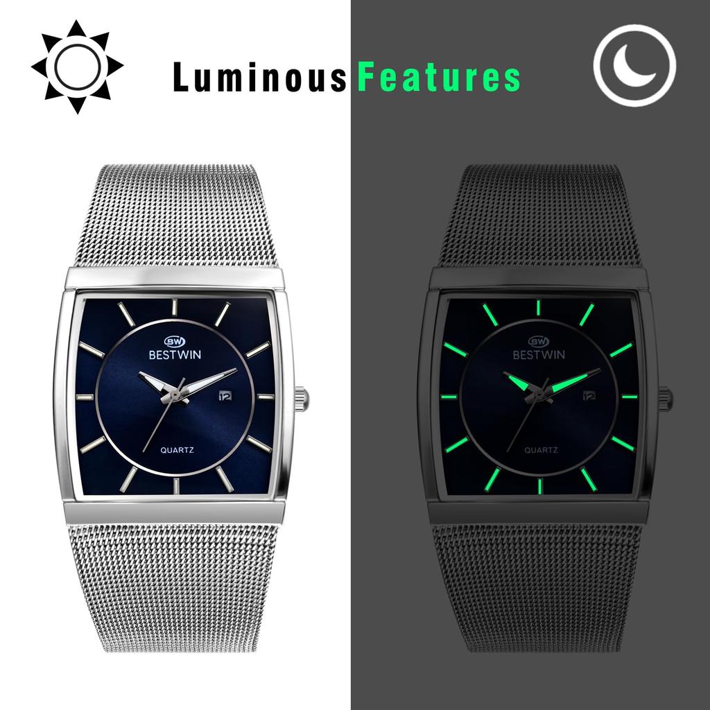 Square Watch with Stainless Steel Mesh Luminous Analog 3ATM Water Quartz Stylish Accessory Perfect for or Boyfriend Gifts Men's Strap, Silver