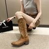 Coarse Heel Western Cowboy Boots Long Boots Women's Autumn 2025 New V-mouth Embroidery Sleeve Retro Pointed Knight Boots
