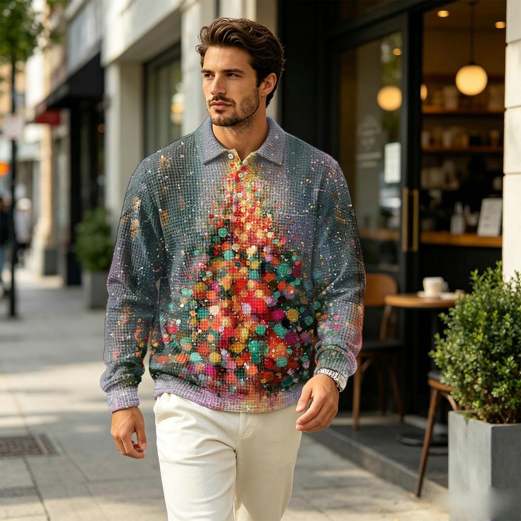 Men's Fall Casual Outdoor Pullover, Long Sleeve Collared Top with Pocket and Christmas Print