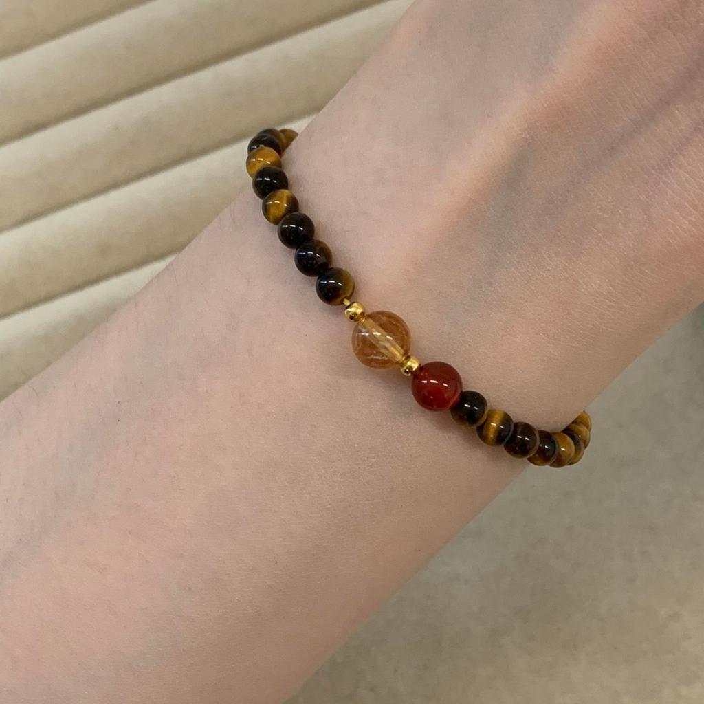s9Pure silver natural tiger eye stone bracelet, red agate and yellow crystal beaded bracelet for women, niche Maillard style jewelry
