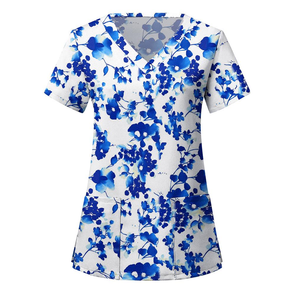 Willow Print Women's T-shirt V-neck Nurse Uniform Comfortable Short Sleeved Women's T-shirt