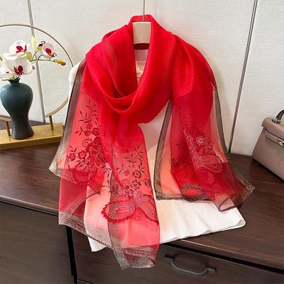 Silk Wool Embroidered Silk Scarf Women'S Fashion Foreign Style Winter Warm Scarf Cold Shawl with Thin Style