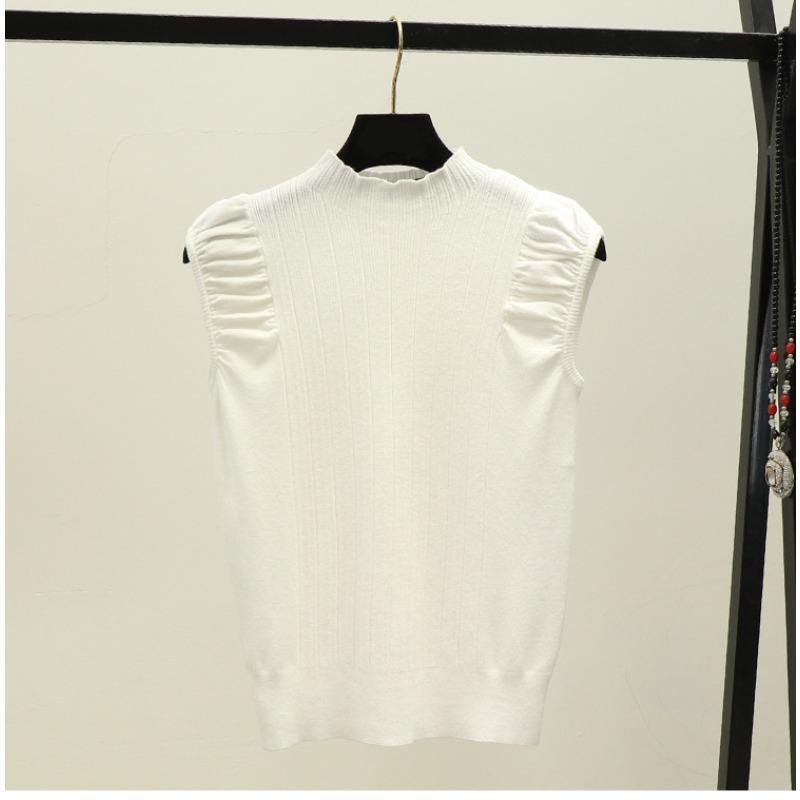 Summer New Simple Solid Color Semi-turtleneck Pleated Pullover Sweater Women Wear Sleeveless Vest Top