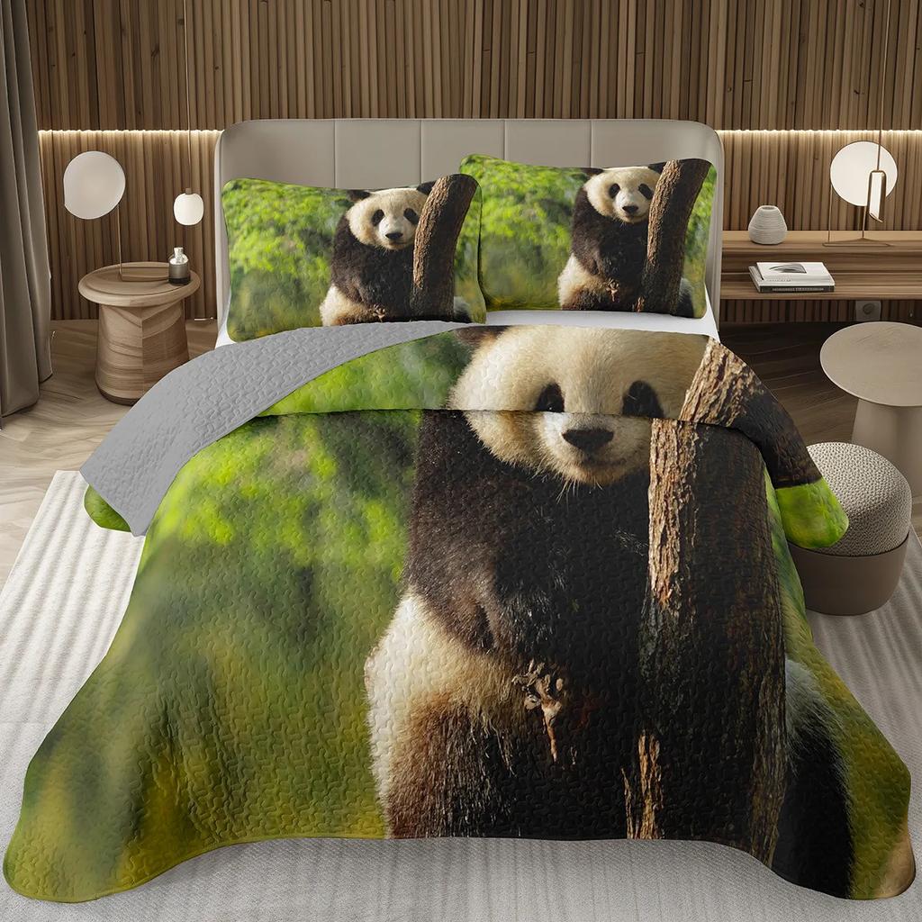 White And Black Panda Bedspread Set Kawaii Bamboo Botanical Twin Quilt Set Cute Panda Themed Coverlet Wild Animal Bedding Set