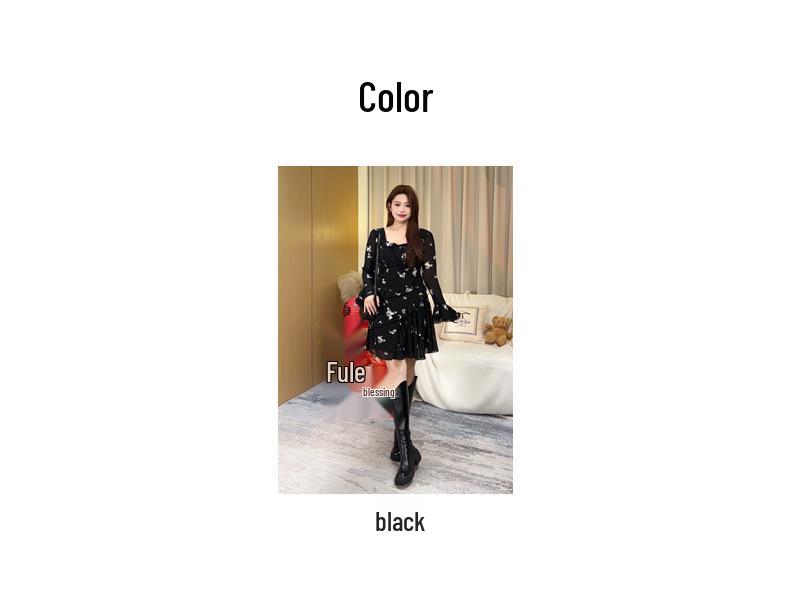 2025 Spring Fashion Print Chiffon Dress with Flared Sleeves for Plus Size Women