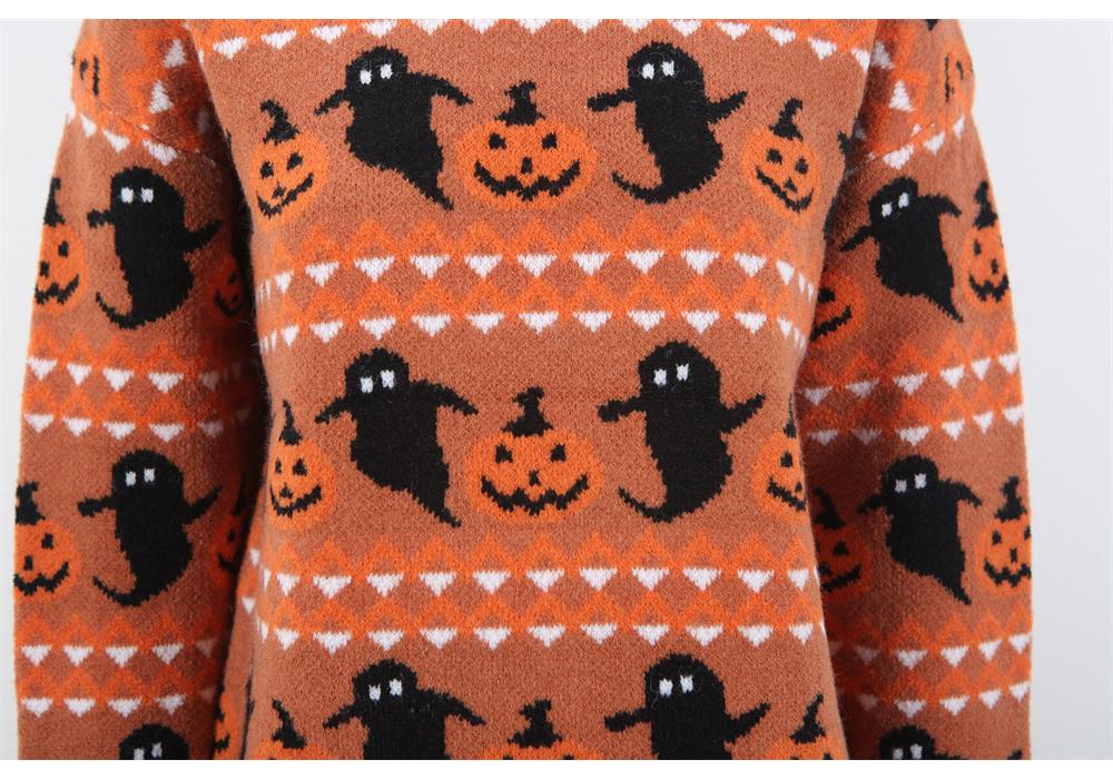 European & American Women's Halloween Ghost Pumpkin Knit Pullover Top