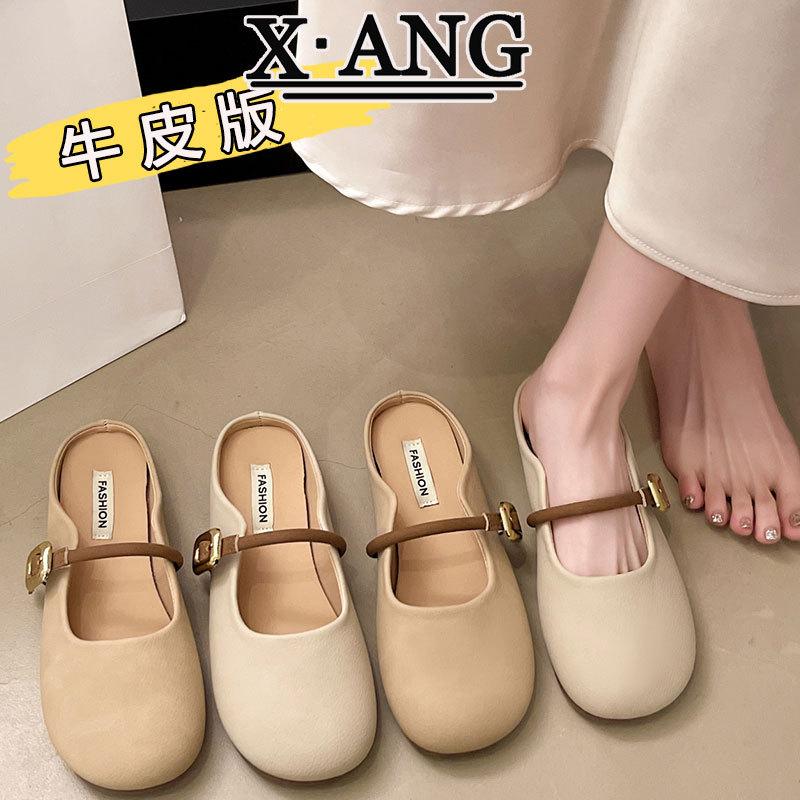 Leather bag head half slippers women's summer wear 2025 new soft sole one pedal lazy single shoes Mary Jane shoes
