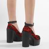 Gdgydh Red Wedding Mary Janes Women Shoes with Lace Aankle Strap Waterproof Platform Pumps High-Heeled Shoes Round Toe
