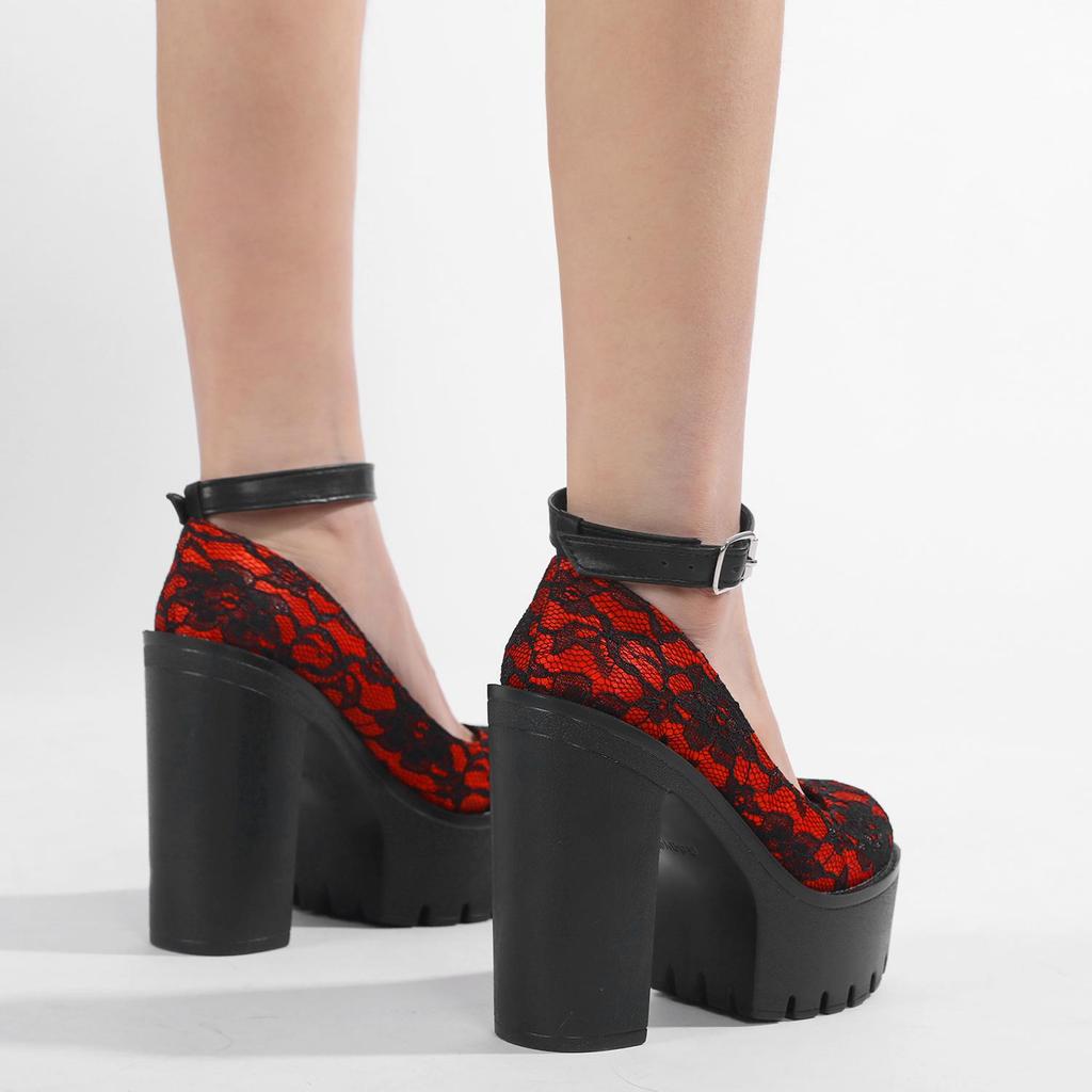 Gdgydh Red Wedding Mary Janes Women Shoes with Lace Aankle Strap Waterproof Platform Pumps High-Heeled Shoes Round Toe