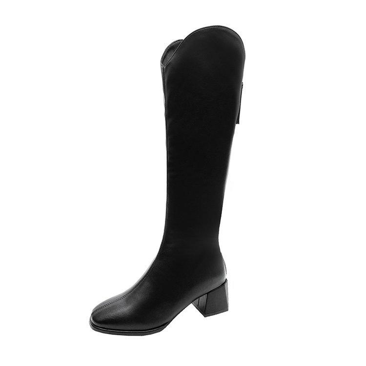 

New elastic square head thick heel V-mouth boots women s rear zipper is thin but knee-high knight boots 34 чёрный