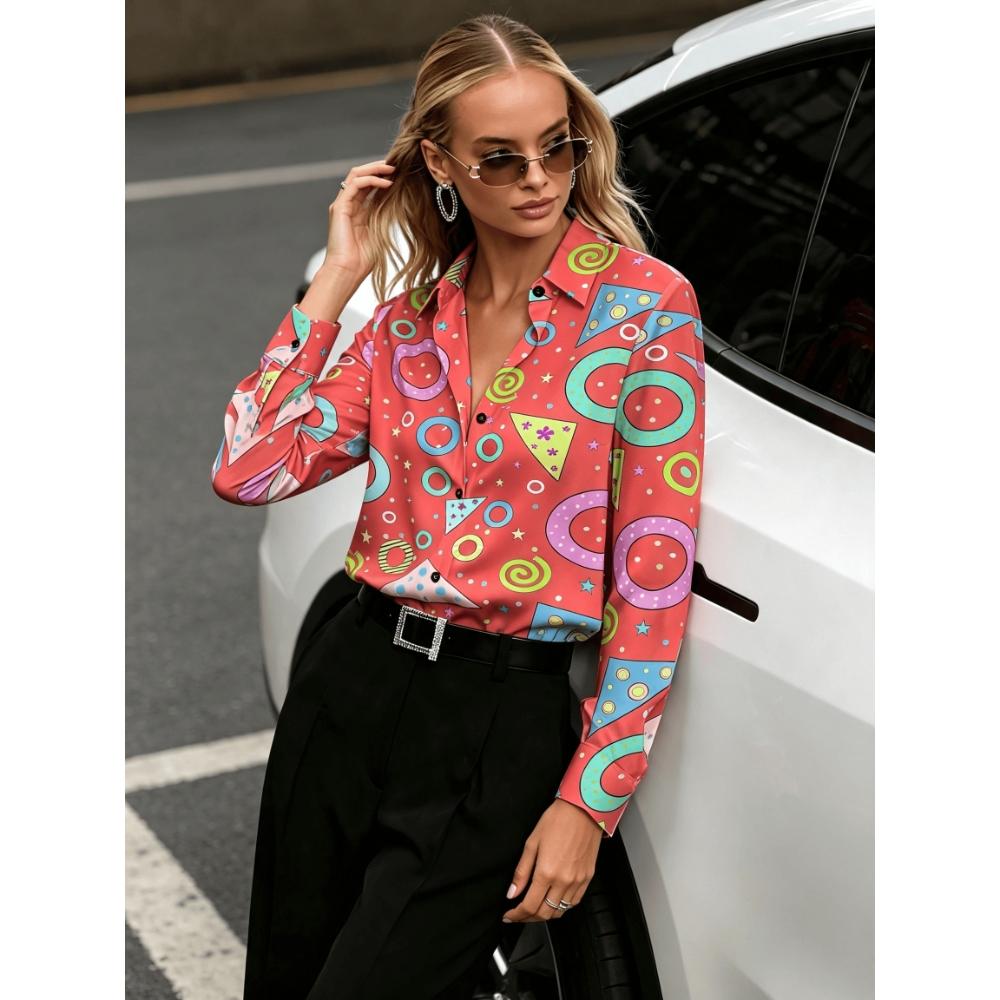 Women Satin Lapel Long Sleeve Shirt Fun Geometric Shape Print Fashion Blouse for Daily & Vacation