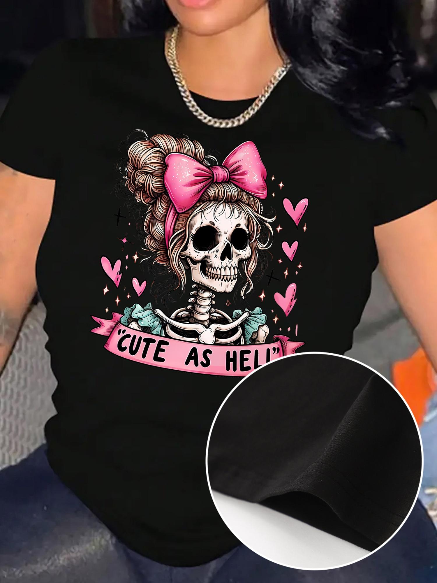 Cute Skeleton with Pink Bow Graphic T-shirt S