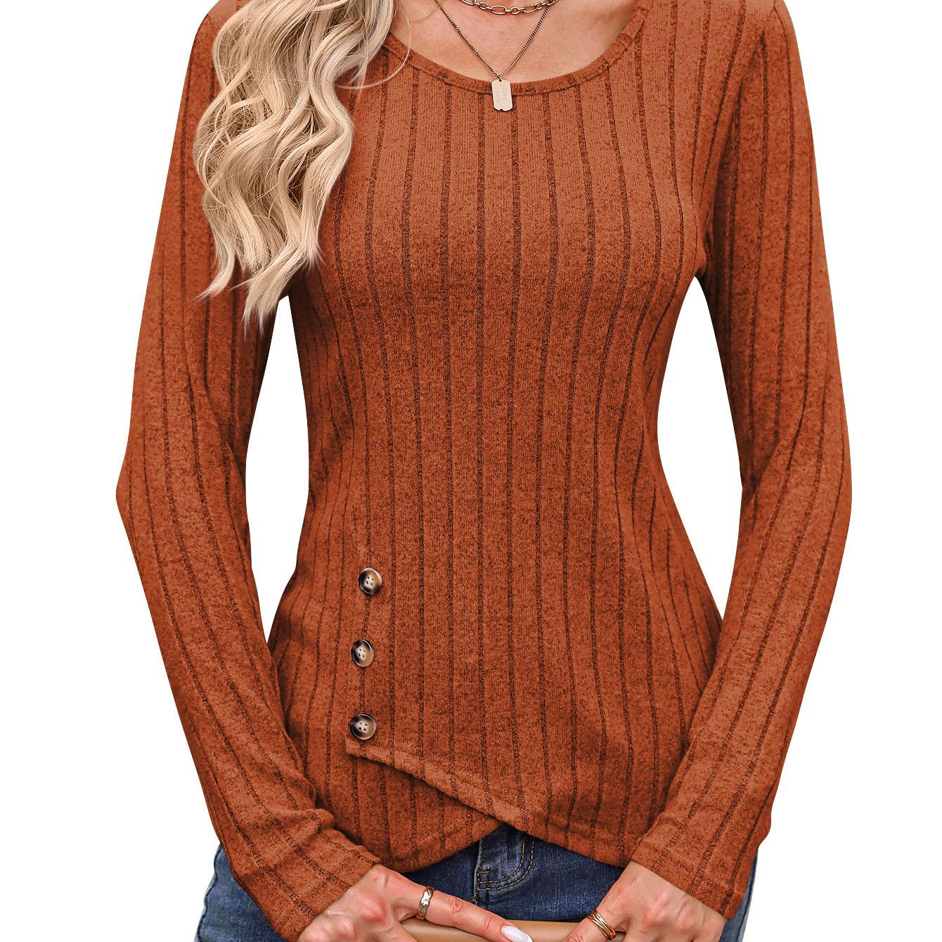 

Осенне-зимний топ с длинными рукавами и круглым вырезом, женская мода, повседневная, нерегулярная, однотонная, в уличном стиле, с пуговицами, футболка XS