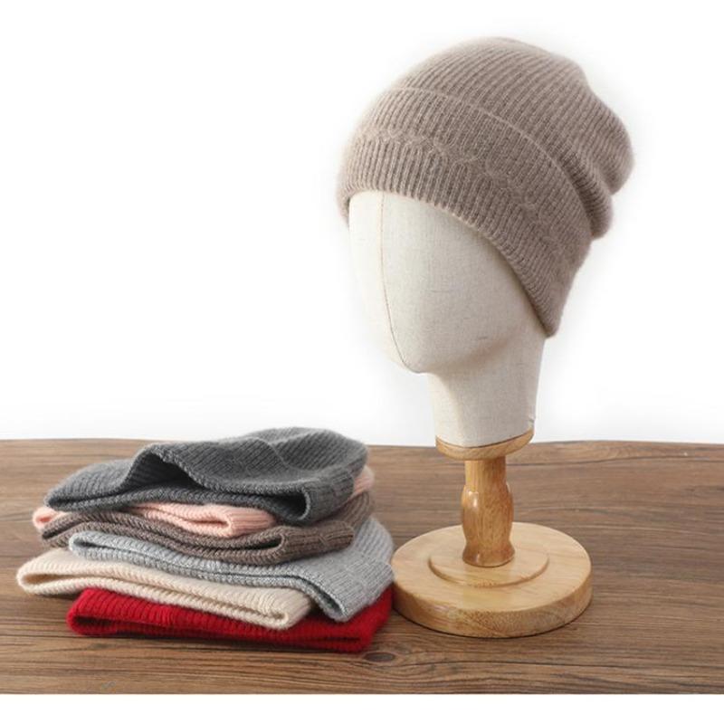 Women's Cashmere Solid Color Knitted Hat - Winter Warm Dome with Ear Protection.