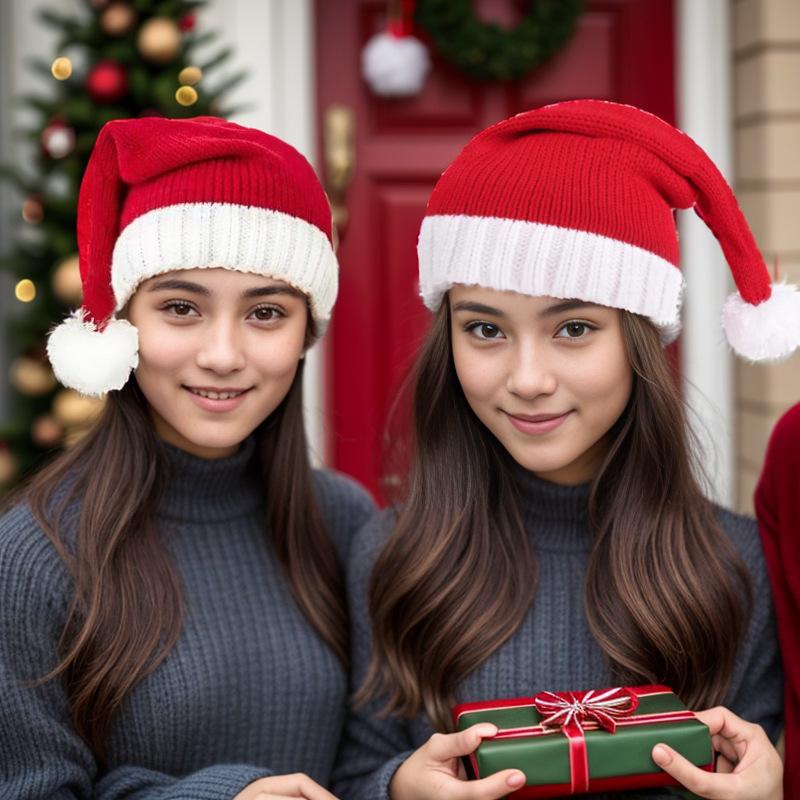 Klassische rote Eltern-Kind Weihnachtsmann Bommel Strickmütze