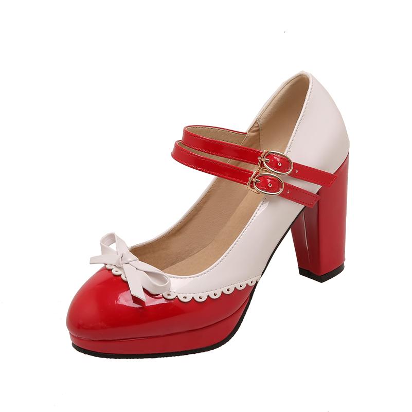 FOREADA Women Mary Janes Pumps Round Toe Glove Shoes Thick High Heels Lolita Buckle Mixed Colors Bow Ladies Fashion Shoes Spring Autumn