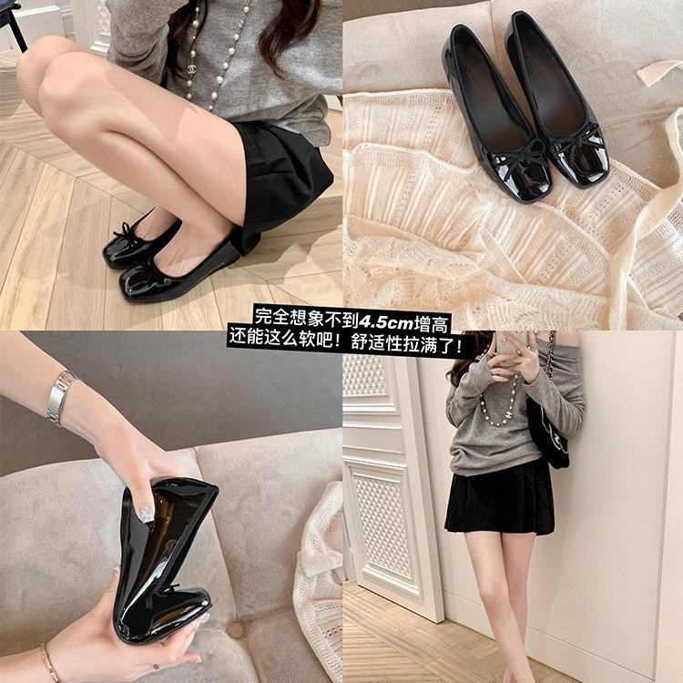 Sheepskin~ The same inner height increase leather square head bow commuter ballet shoes women's flat shoes