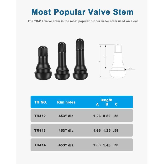 Riseuvo 120pcs Tire Valve Stems - Rubber Snap-in Valves, Tubeless Valve Stems Suit for 0.453 inch Rim Holes on Standard Vehicle Tires (TR412, TR413,