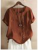 2025 Summer Retro Plus Size Casual Loose Cotton Linen Button Short Sleeve Pullover T-Shirt for Women