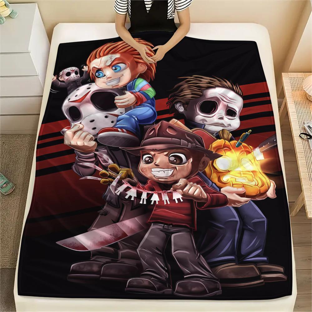 1PC Chibi Chucky Freddy Krueger Print Flannel Blanket, High quality All Seasons, Home Decor, Warmth and Comfort, Perfect for Christmas Gifts