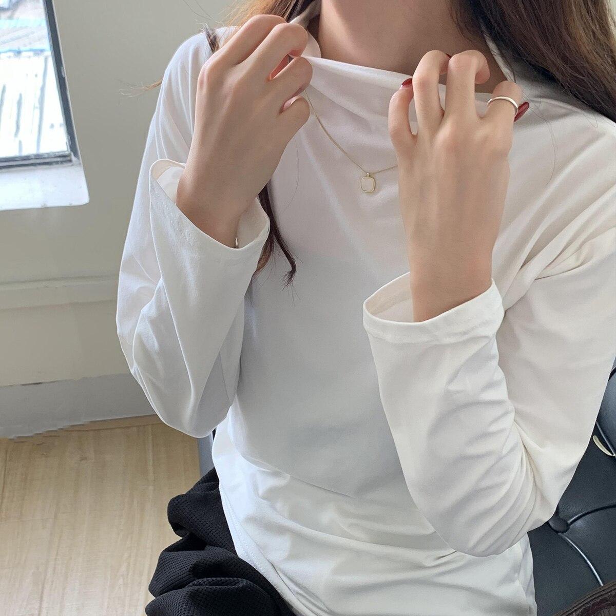 

Рубашка с длинным рукавом, женские футболки, осенне-зимняя модная женская повседневная узкая эластичная футболка с воротником-стойкой, пуловеры, топы One Size бежевый