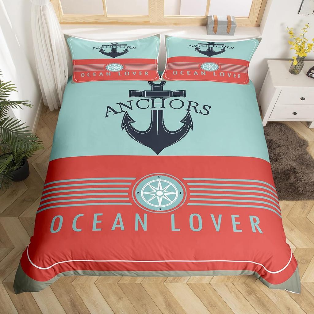 Anchor Compas Soft Duvet Cover Nautical Warm Comforter Cover Ful King Geometric Stripes Beding Set Coastal Adventure Theme Comfortable Quilt Cover