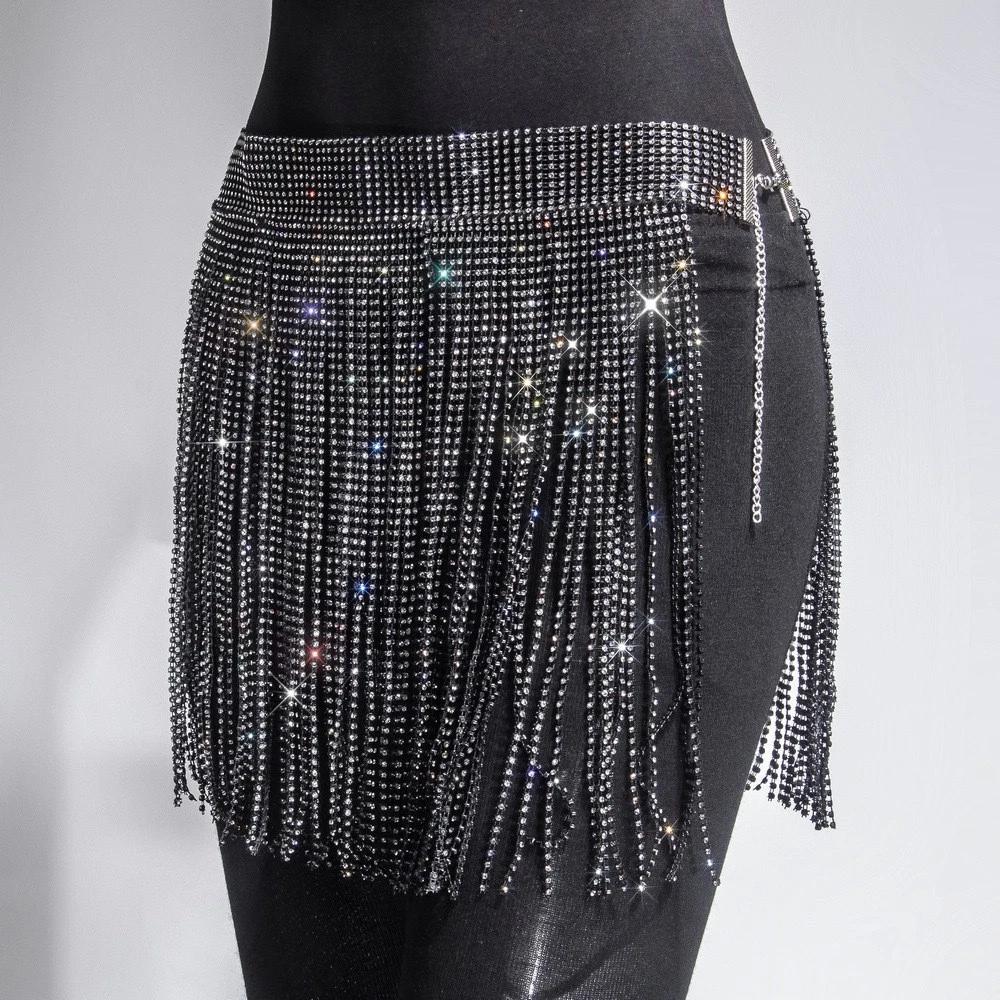 Glitzer Partykleid Polierter Tanzclub Rock Strassfransenrock Premium Taillenkette Zubehör für Ausgehen Abendgarderobe